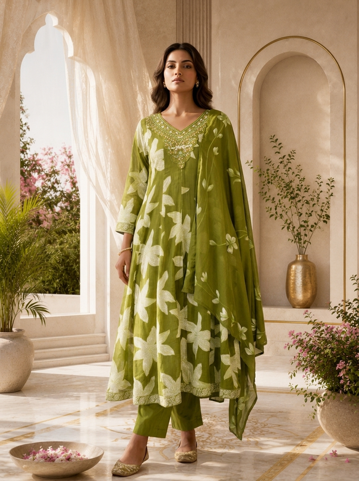Mehadi Green Cotton Printed And Hand Embroidery Three Piece Set