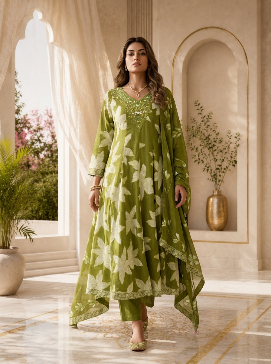 Mehadi Green Cotton Printed And Hand Embroidery Three Piece Set