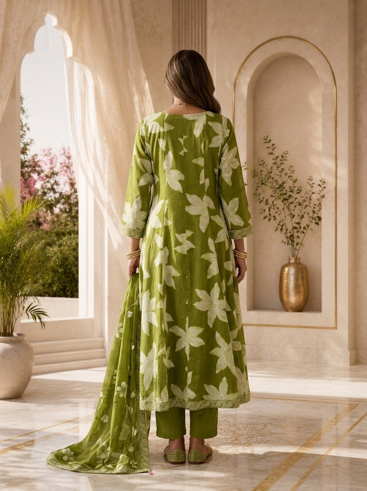 Mehadi Green Cotton Printed And Hand Embroidery Three Piece Set