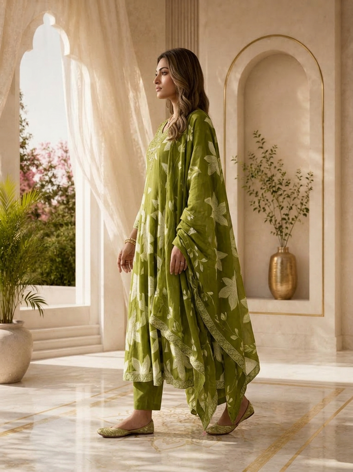 Mehadi Green Cotton Printed And Hand Embroidery Three Piece Set