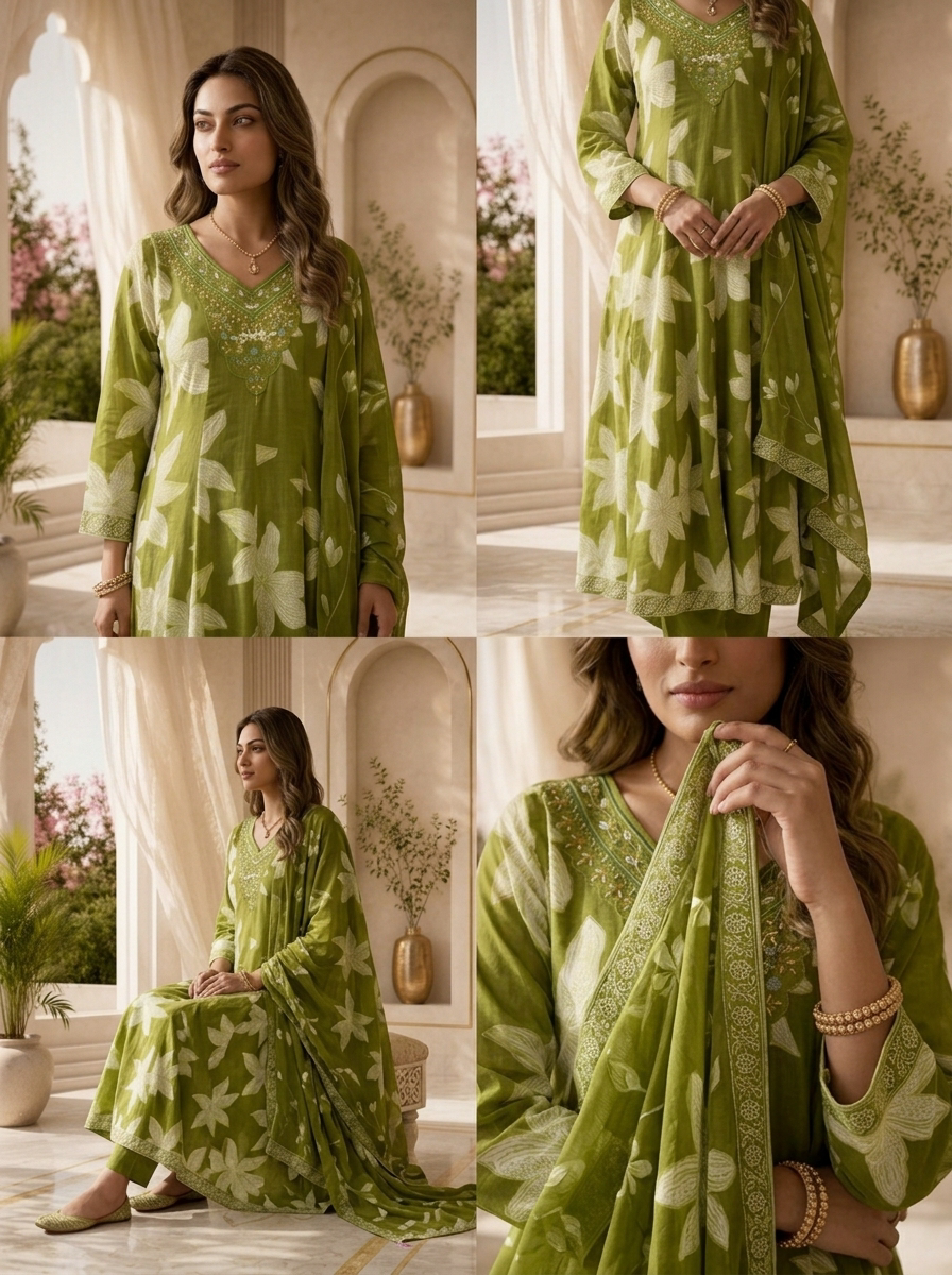 Mehadi Green Cotton Printed And Hand Embroidery Three Piece Set