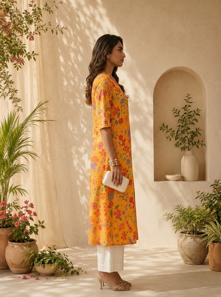 Mustard Modal Printed A-Line Kurta