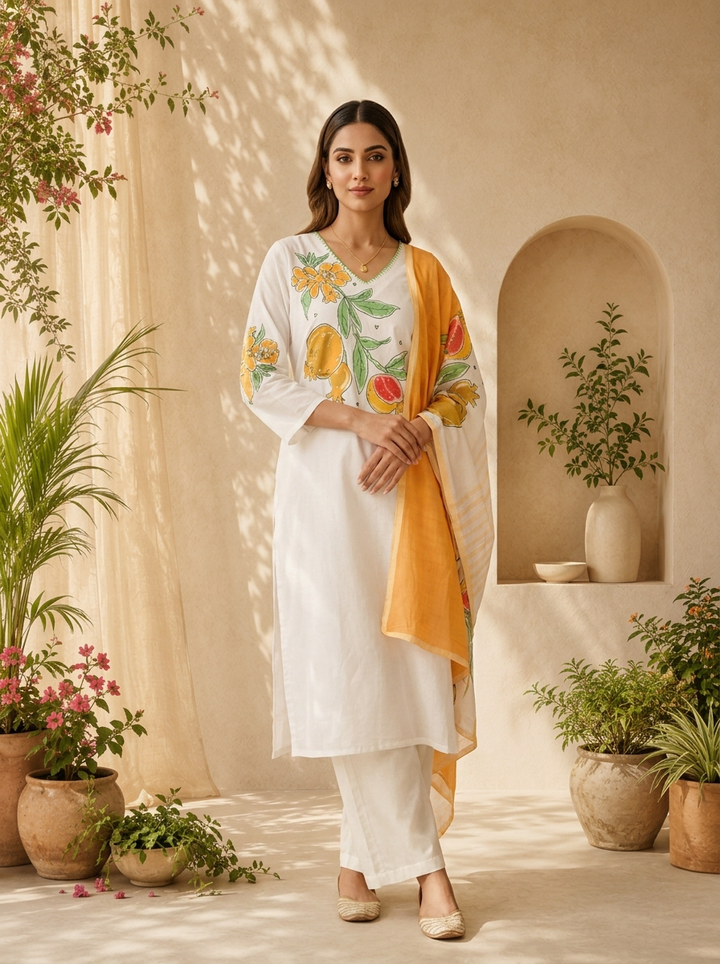 Mustard And White Printed Cotton Three Piece Set With Contrast Dupatta