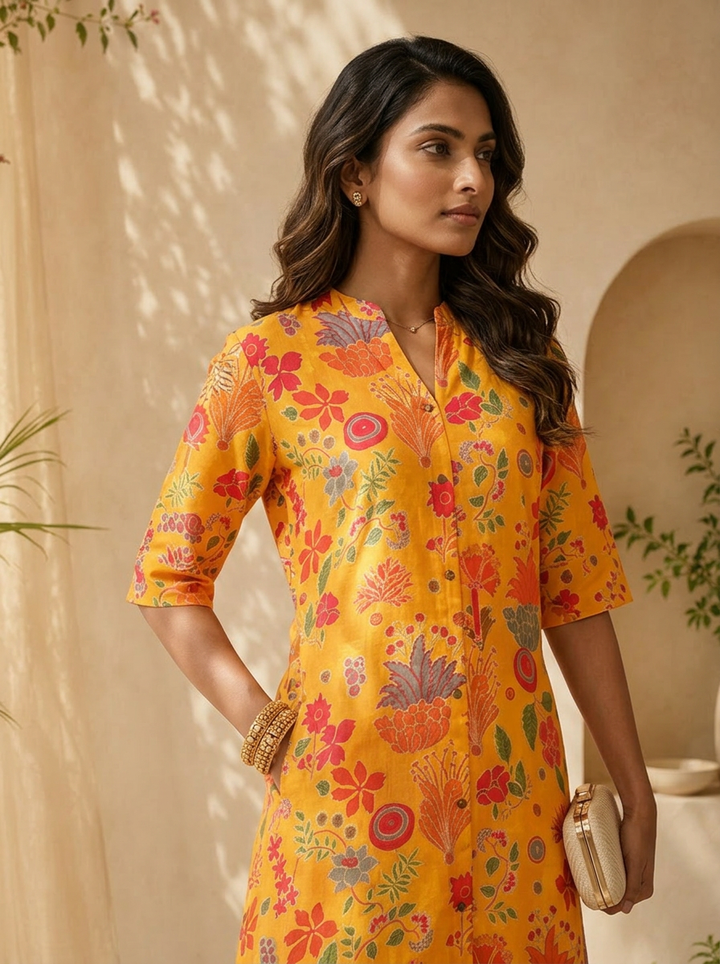 Mustard Modal Printed A-Line Kurta
