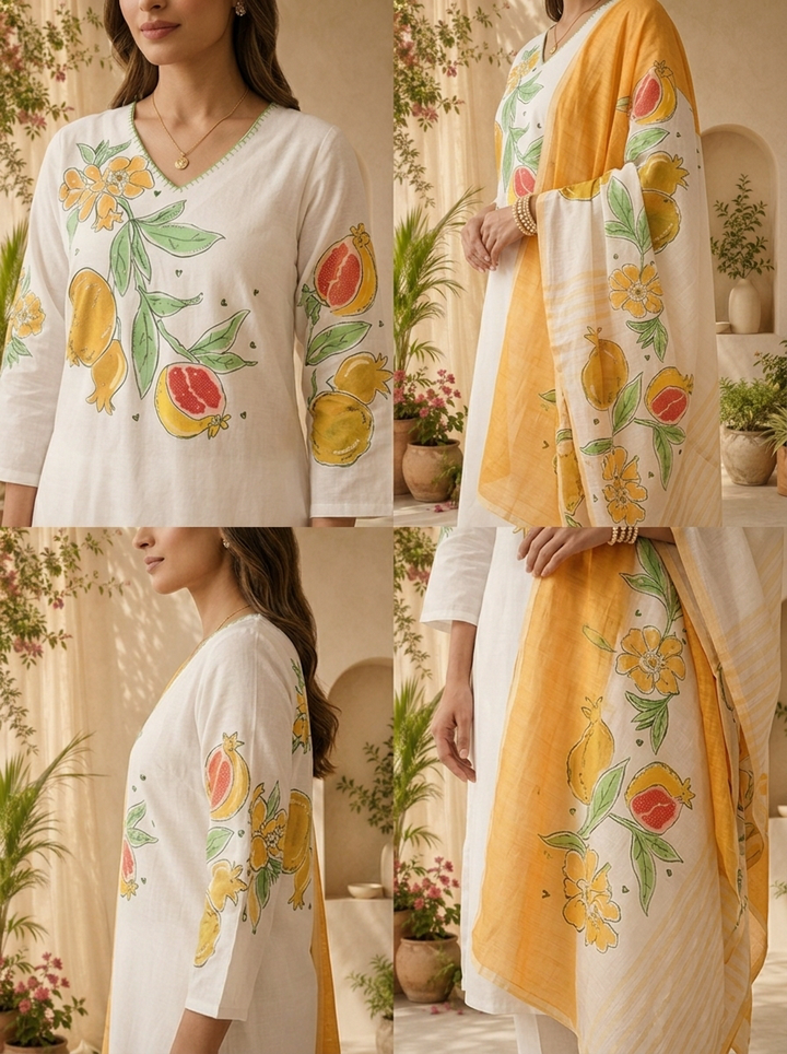 Mustard And White Printed Cotton Three Piece Set With Contrast Dupatta