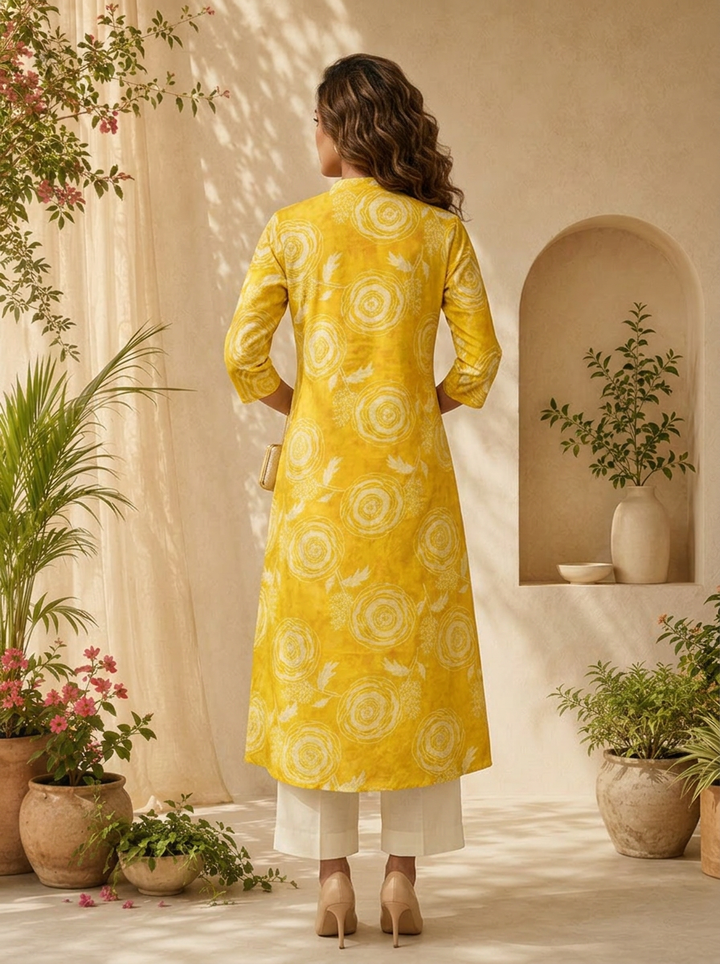 Mustard Floral Printed A-line Silk Kurta