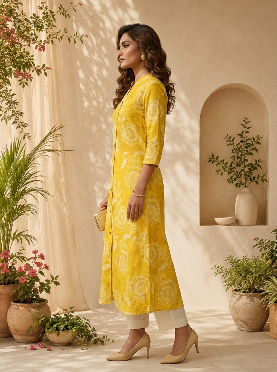 Mustard Floral Printed A-line Silk Kurta
