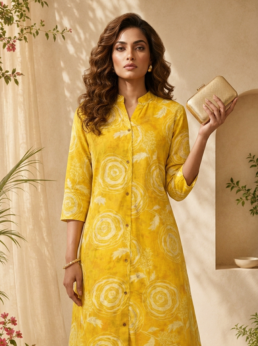 Mustard Floral Printed A-line Silk Kurta