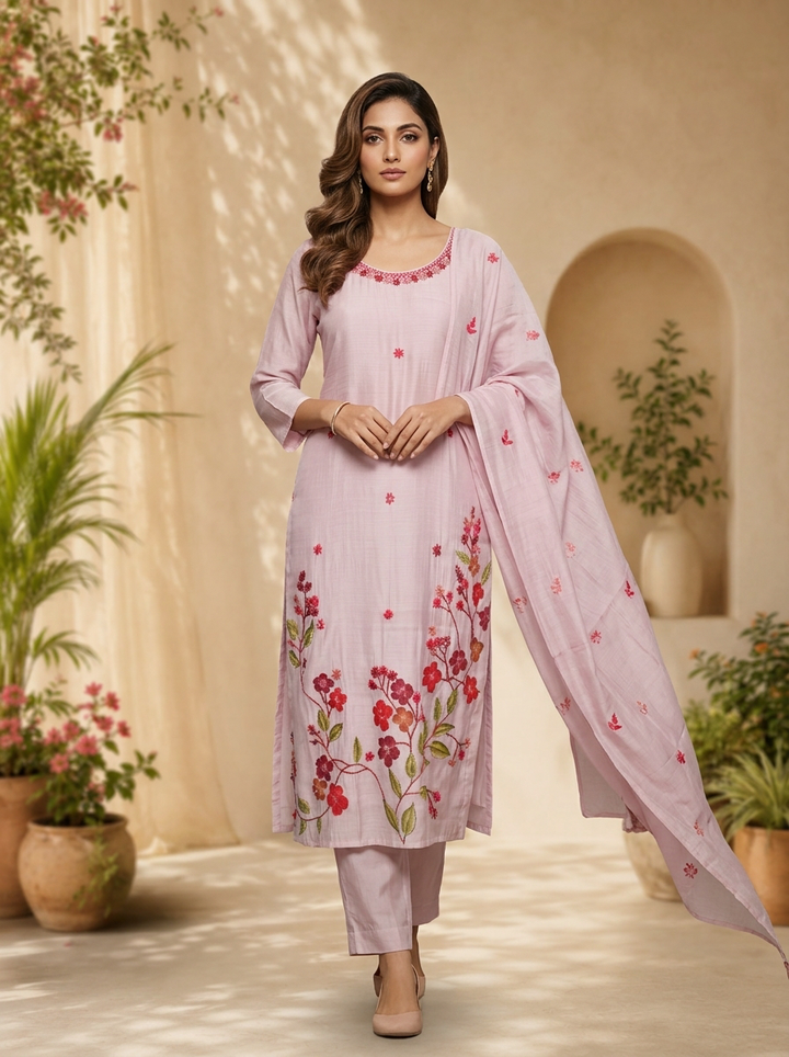 Lilac Chanderi Sequins Embroidery And Solid Design Three Piece Set