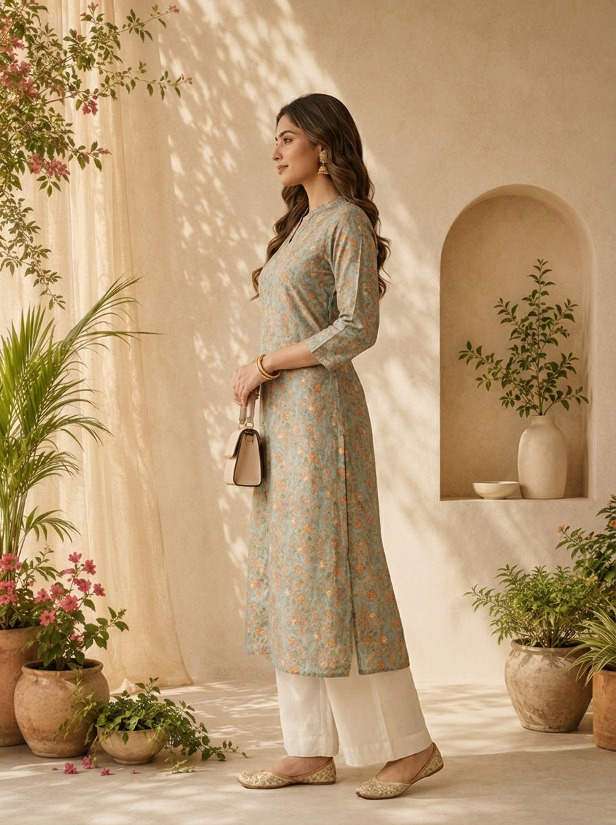 Beige Modal Floral Printed Kurta