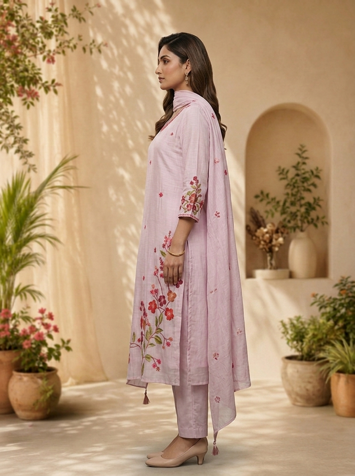 Lilac Chanderi Sequins Embroidery And Solid Design Three Piece Set