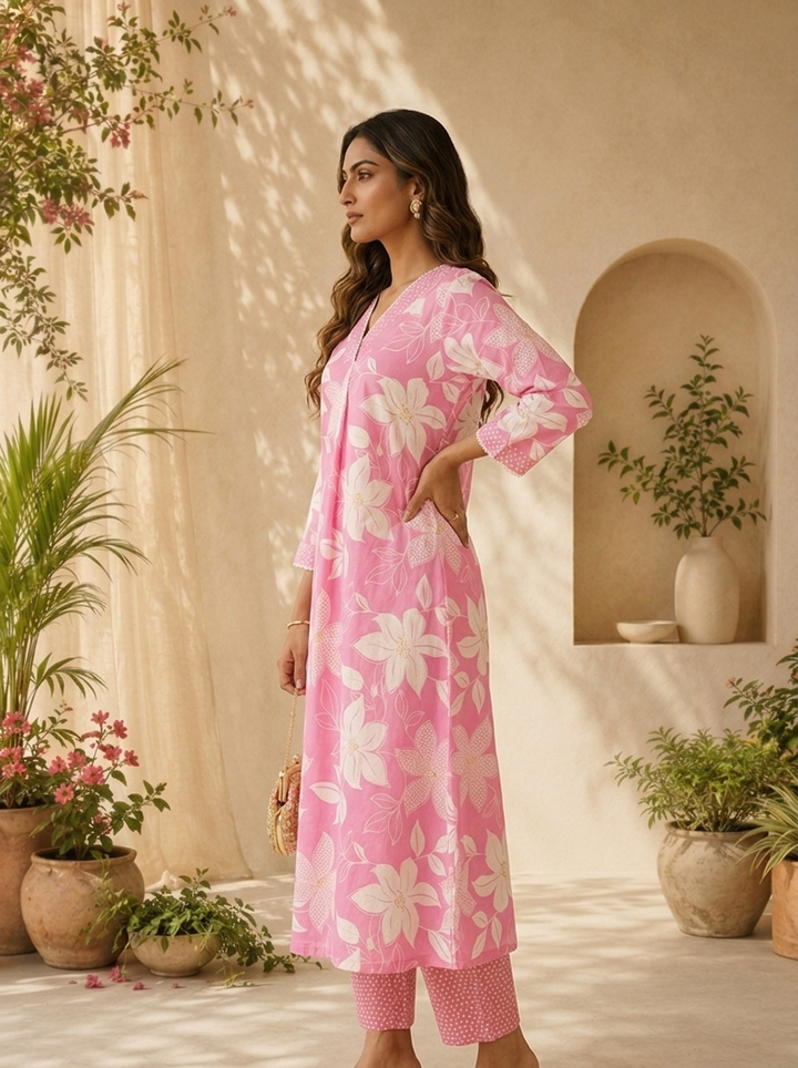 Rose Pink Floral Printed And Hand Embroidery Two Piece Set