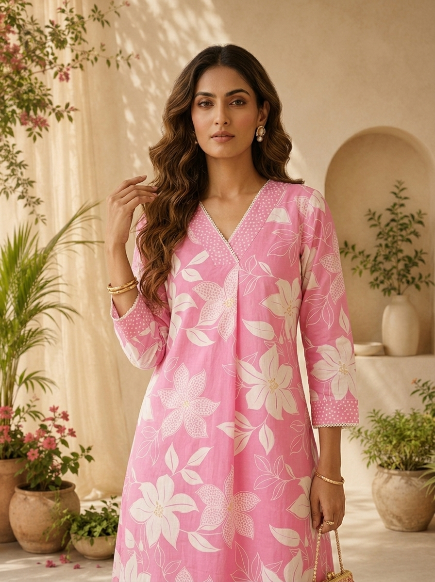 Rose Pink Floral Printed And Hand Embroidery Two Piece Set