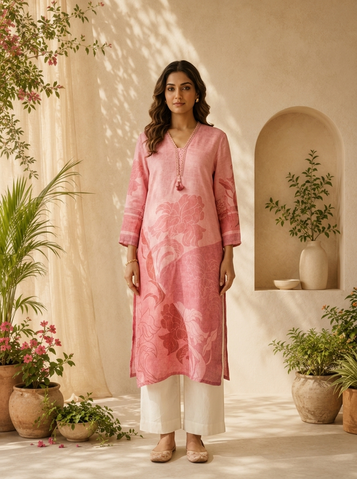 Onion Pink Rayon Floral Printed And Solid Design Straight Kurta
