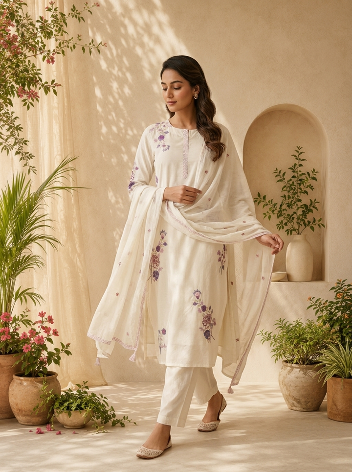 White Cotton Sequins Embroidery And Solid Design Three Piece Set