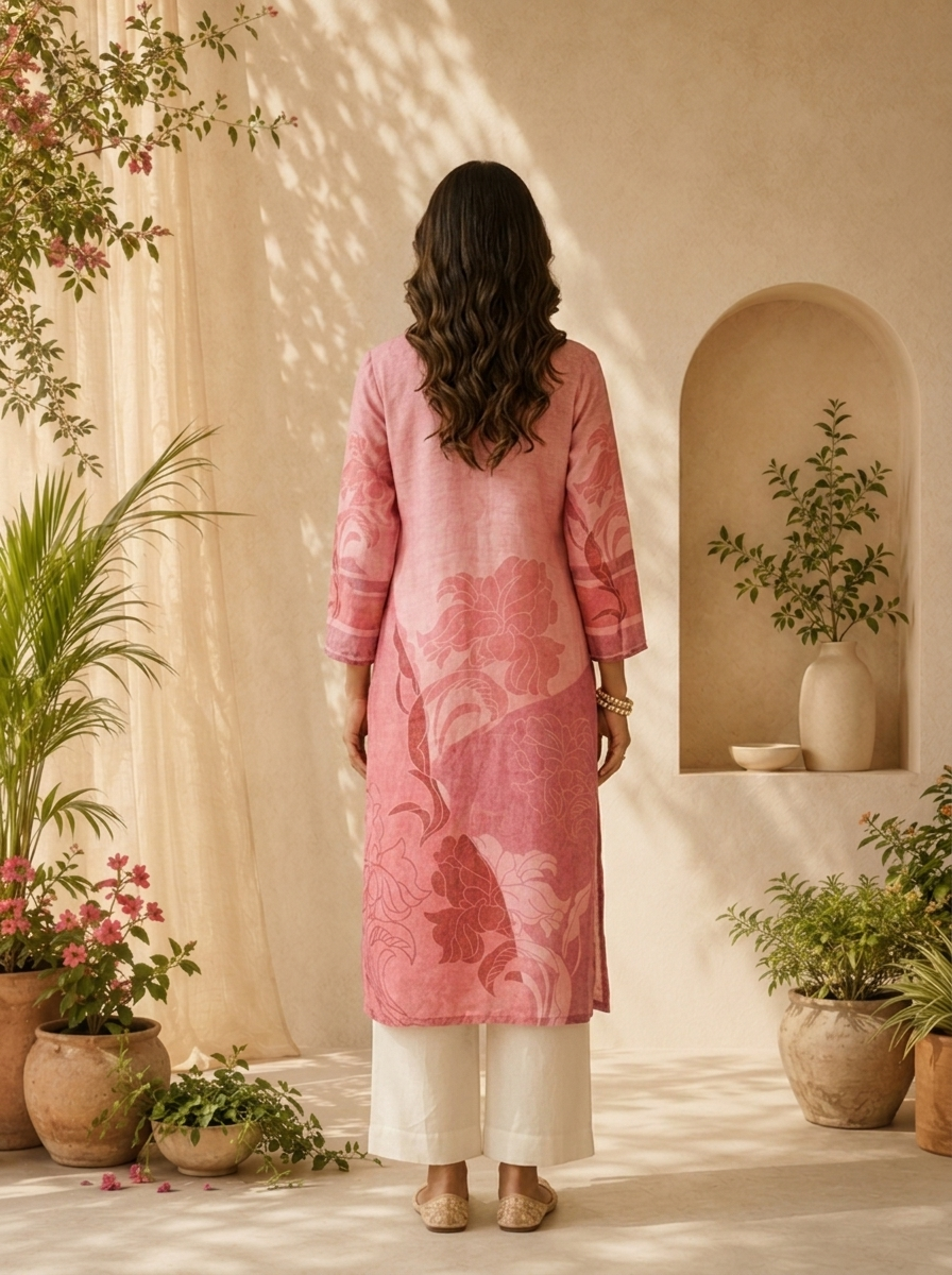 Onion Pink Rayon Floral Printed And Solid Design Straight Kurta