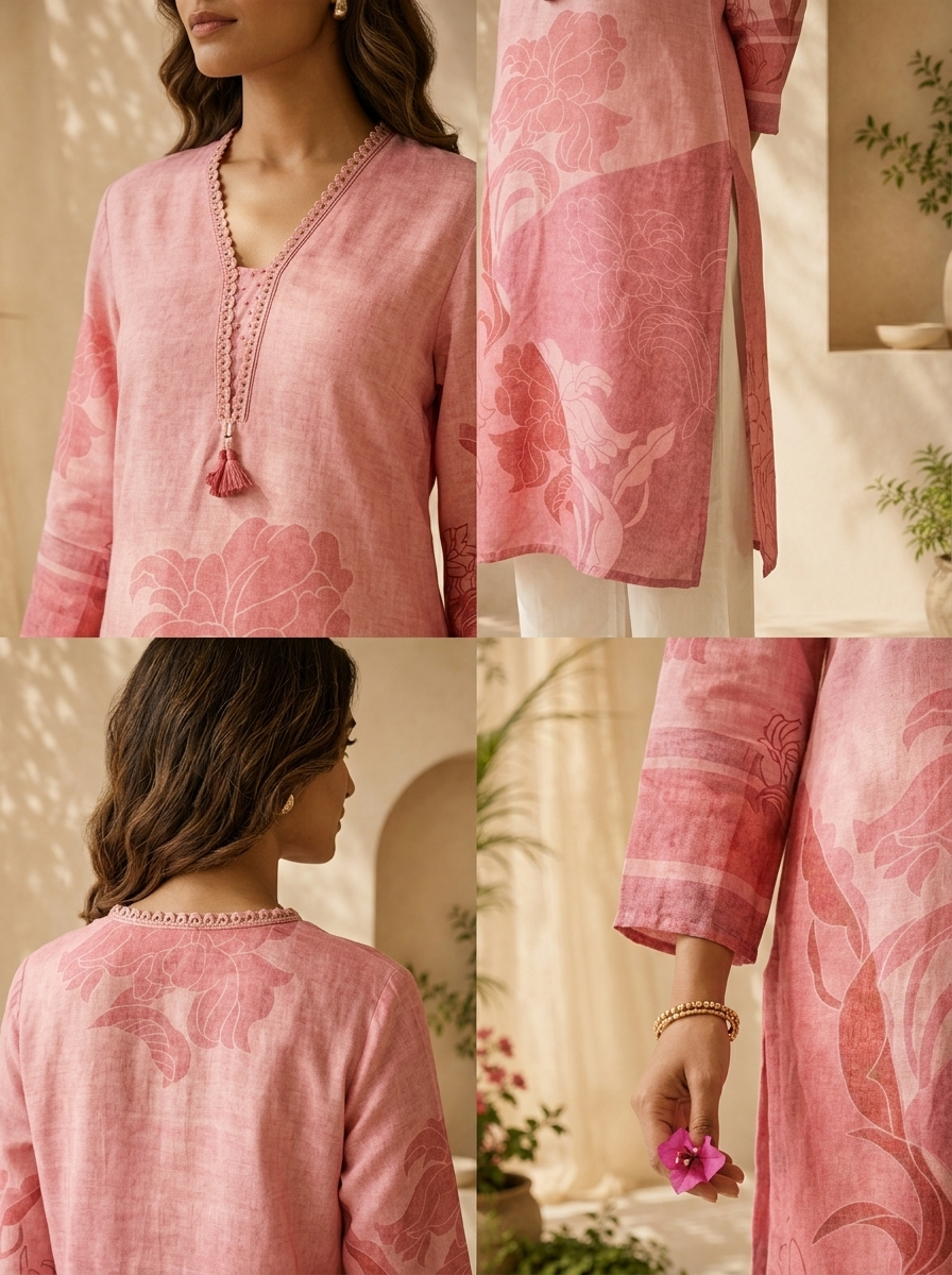 Onion Pink Rayon Floral Printed And Solid Design Straight Kurta