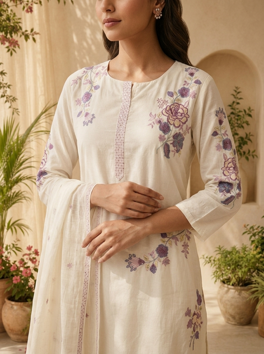 White Cotton Sequins Embroidery And Solid Design Three Piece Set