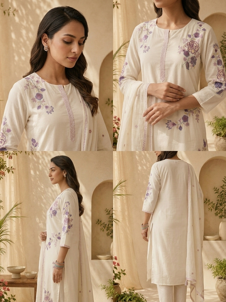 White Cotton Sequins Embroidery And Solid Design Three Piece Set