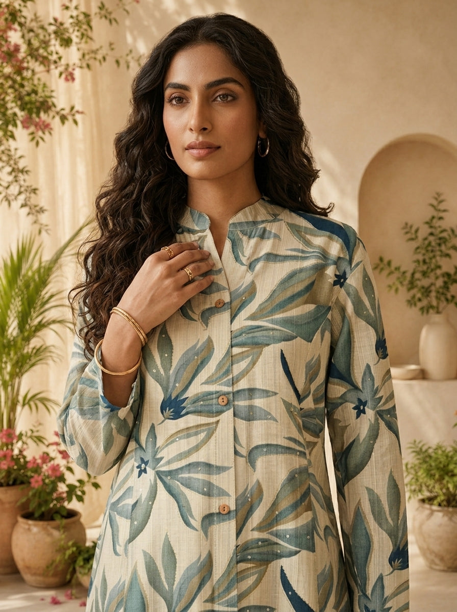 Olive Heavy Floral Printed Silk A-line Kurta