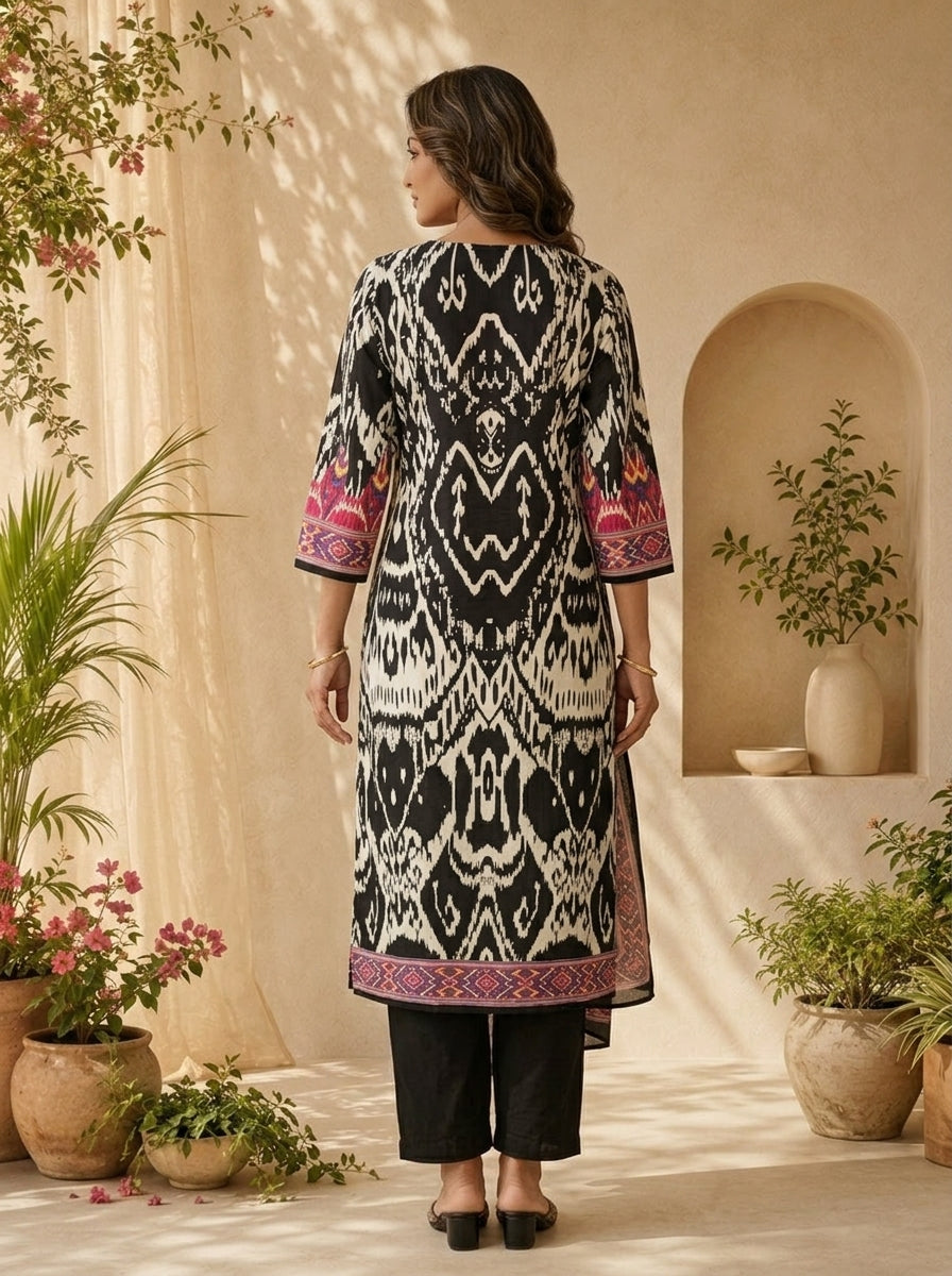 Black And Pink Ikat Printed And Sequins Embroidery Three Piece Set