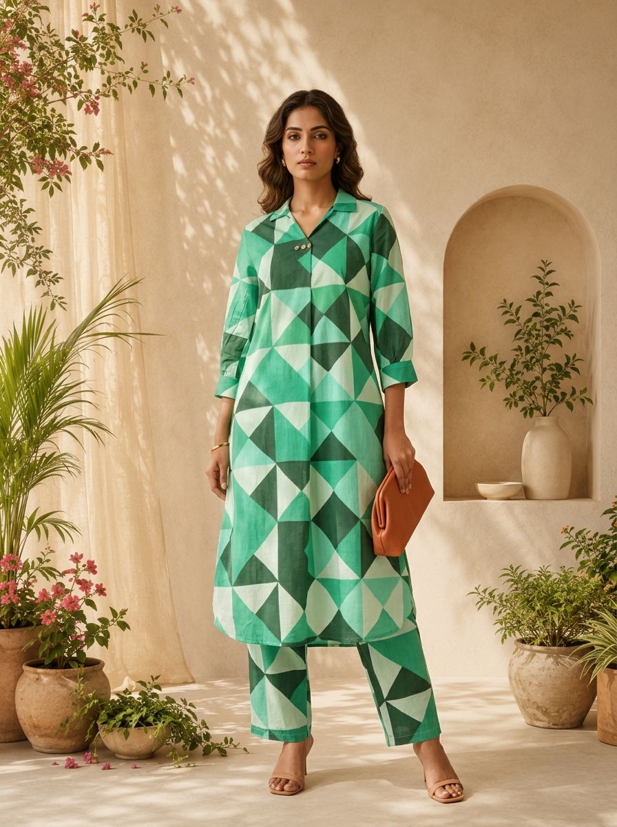 Green Cotton Abstract Printed Two Piece Set