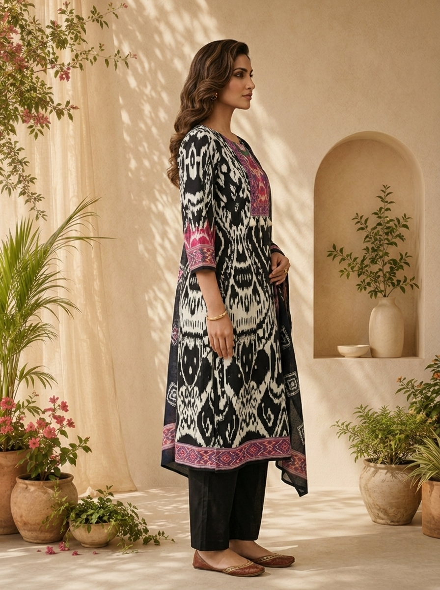 Black And Pink Ikat Printed And Sequins Embroidery Three Piece Set