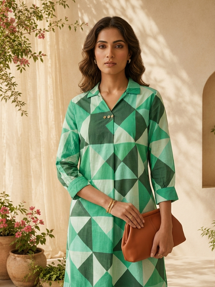 Green Cotton Abstract Printed Two Piece Set