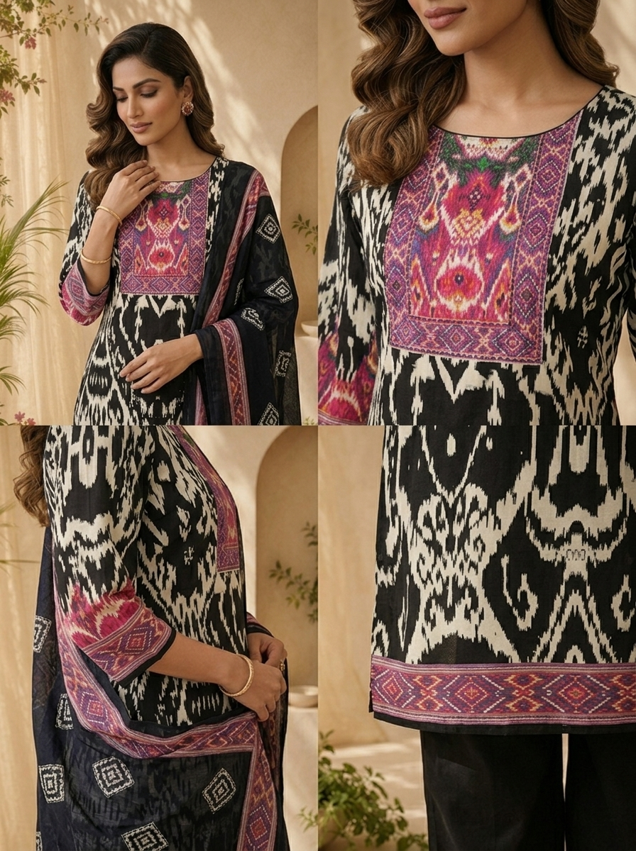Black And Pink Ikat Printed And Sequins Embroidery Three Piece Set