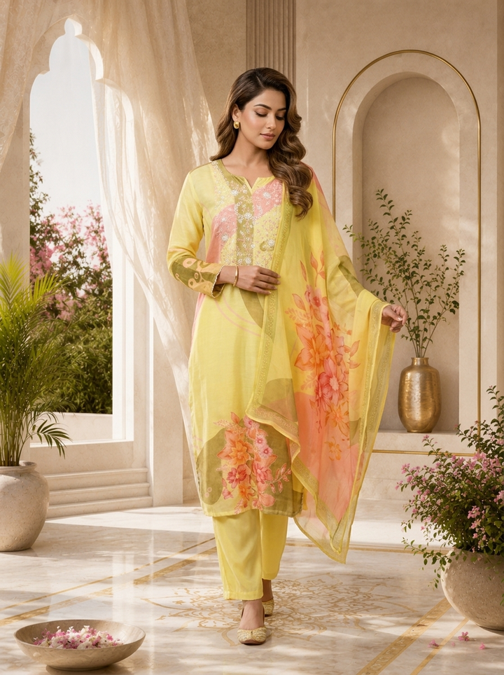 Lemon Floral Beads Embroidery And Printed Linen Satin Three Piece Set