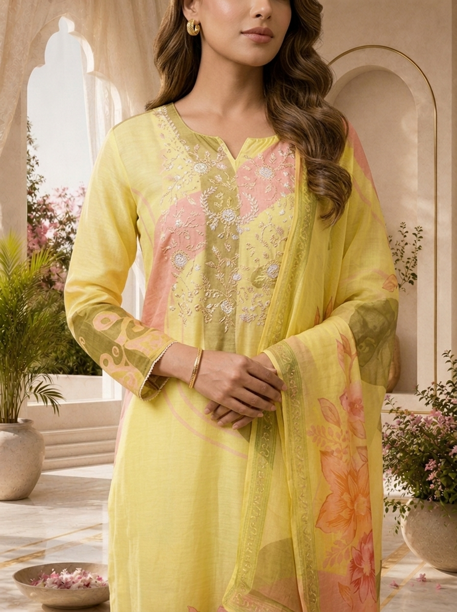 Lemon Floral Beads Embroidery And Printed Linen Satin Three Piece Set