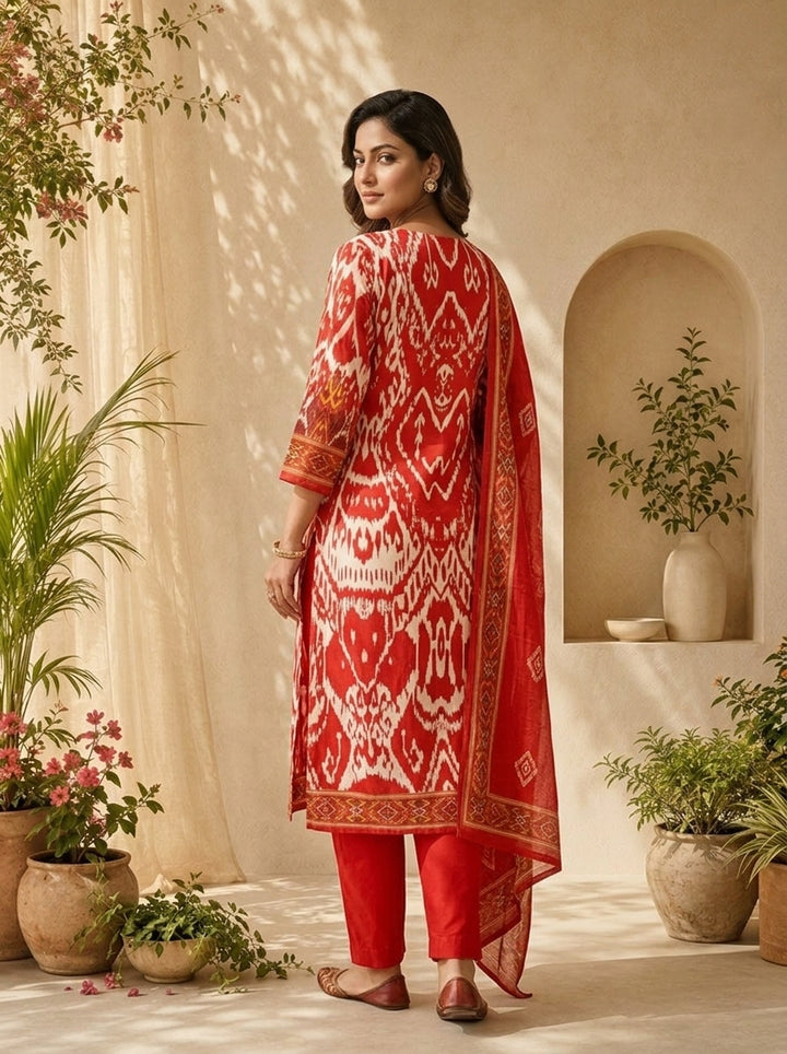Red And White Ikat Printed And Sequins Embroidery Three Piece Set
