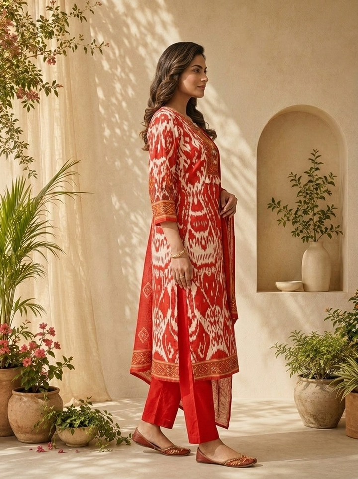 Red And White Ikat Printed And Sequins Embroidery Three Piece Set