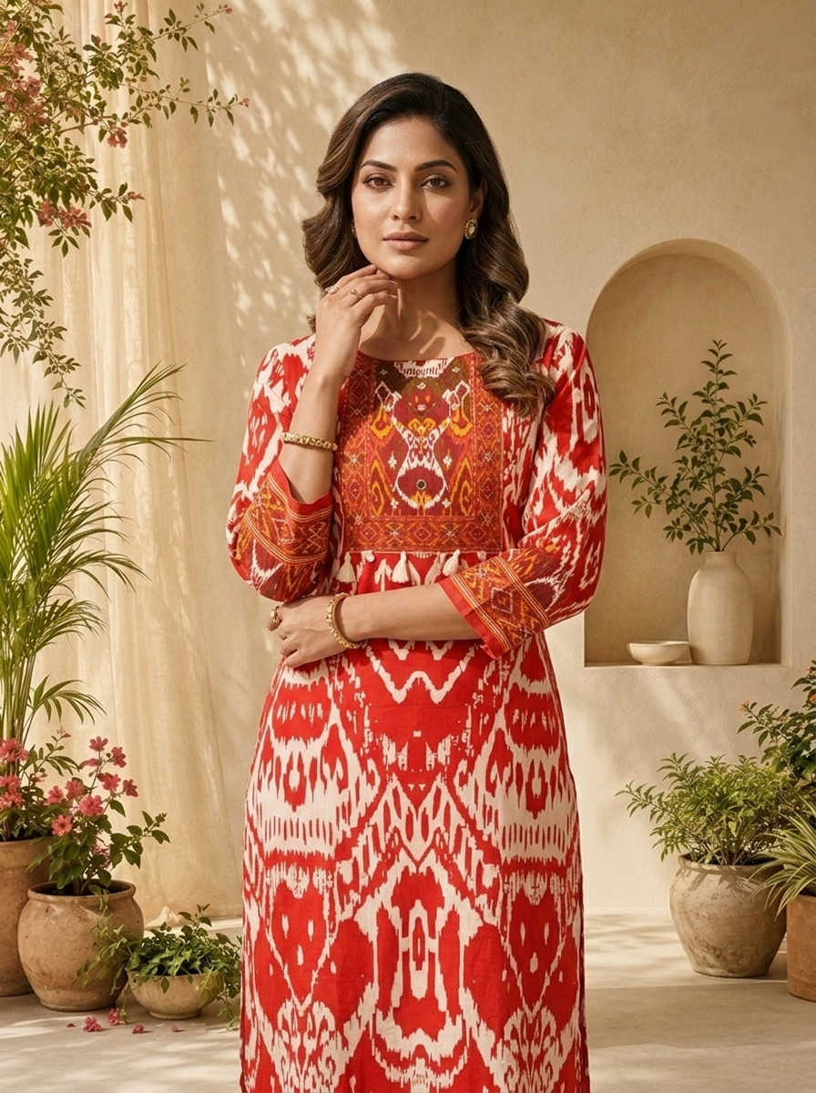 Red And White Ikat Printed And Sequins Embroidery Three Piece Set
