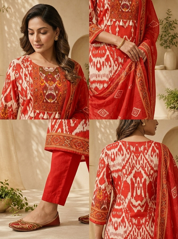 Red And White Ikat Printed And Sequins Embroidery Three Piece Set
