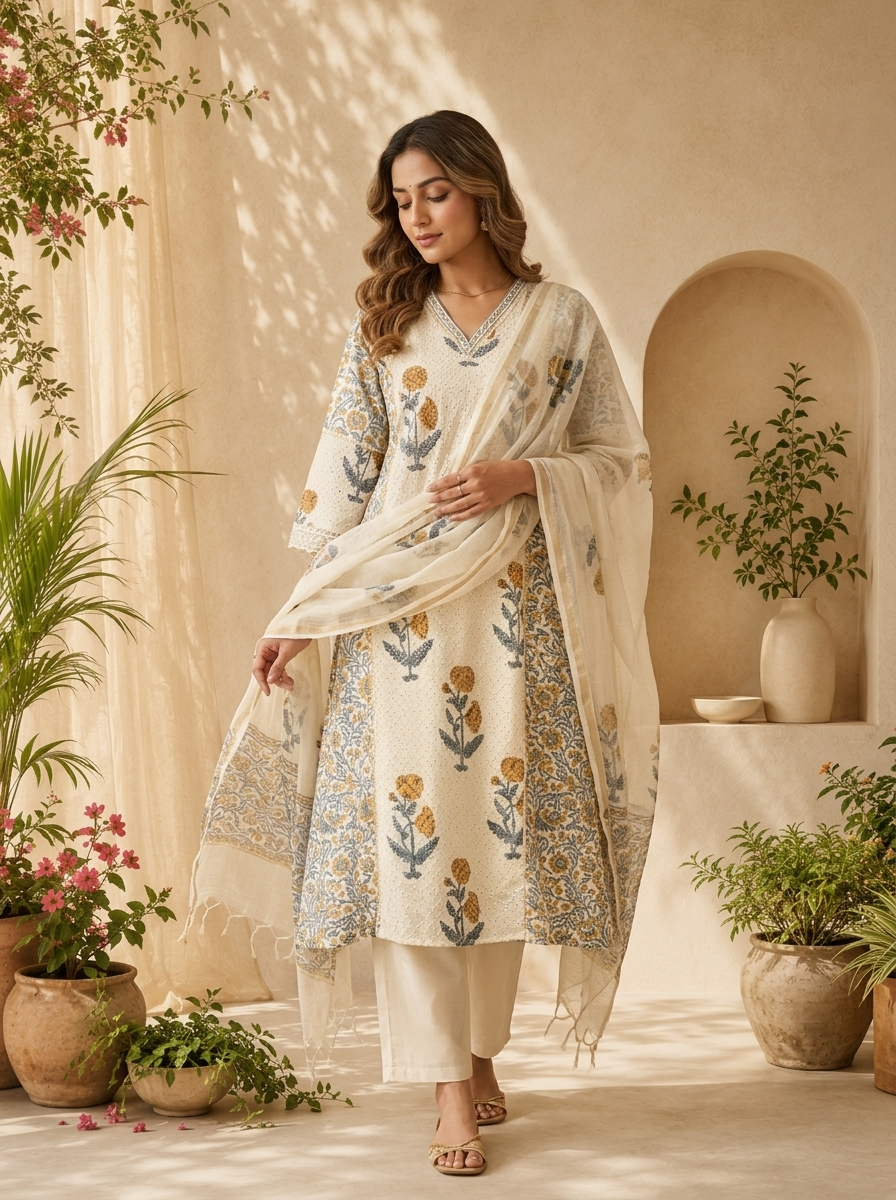 Blue Cotton Floral Printed And Chikankari Three Piece Set