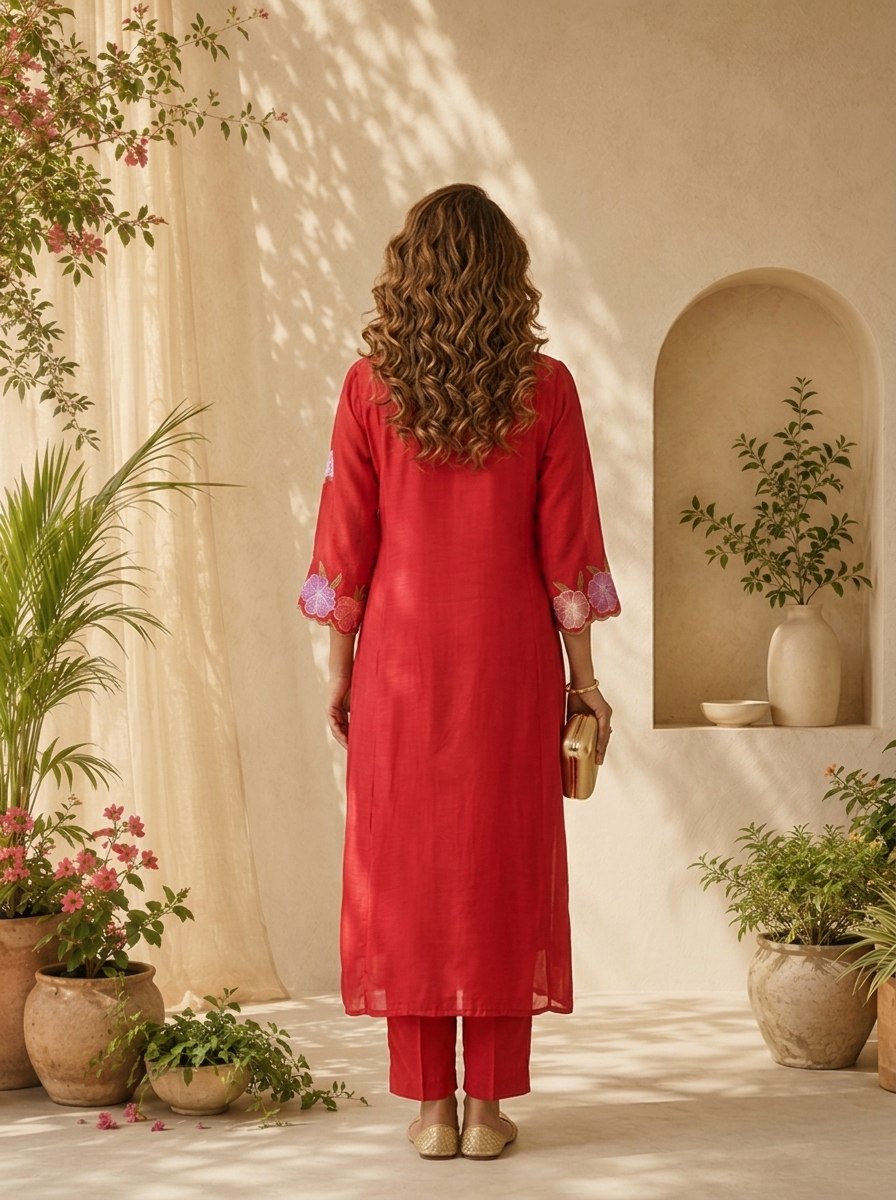 Rani Pink Muslin Pleated And Floral Thread Embroidery Three Piece Set