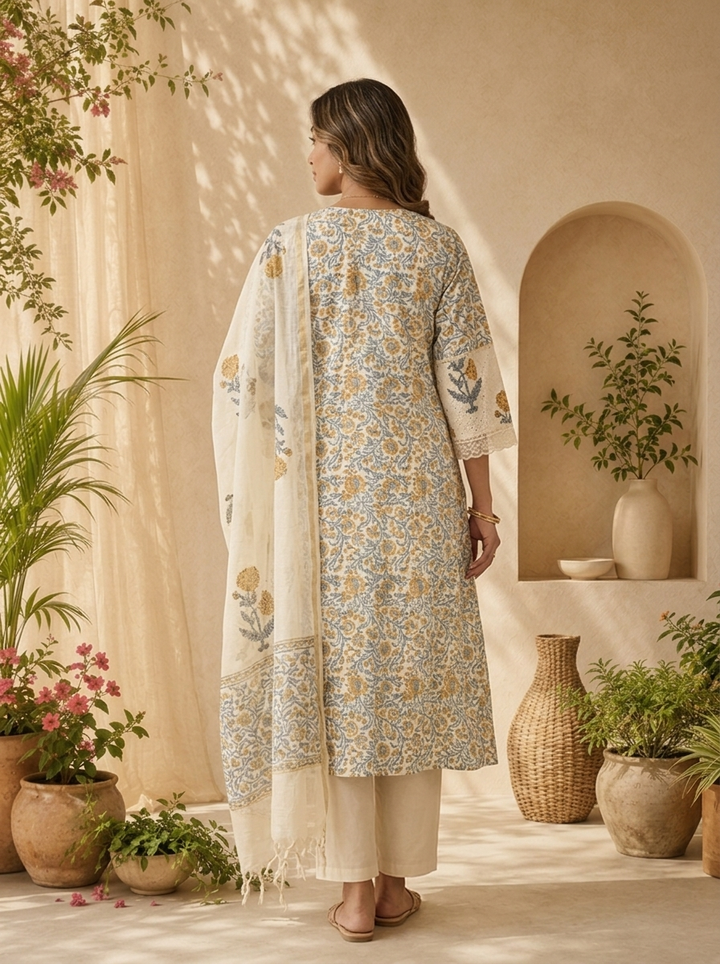Blue Cotton Floral Printed And Chikankari Three Piece Set