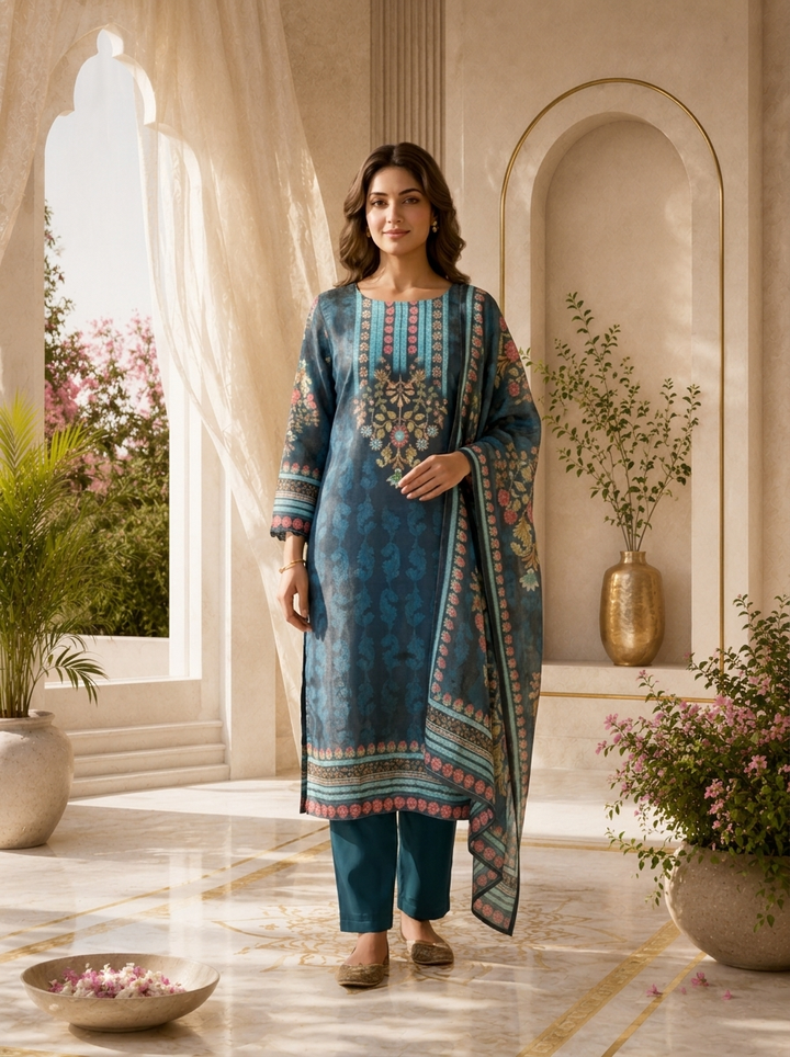 Teal Blue Tissue Floral Motif Printed Three Piece Set With Digital Printed Dupatta