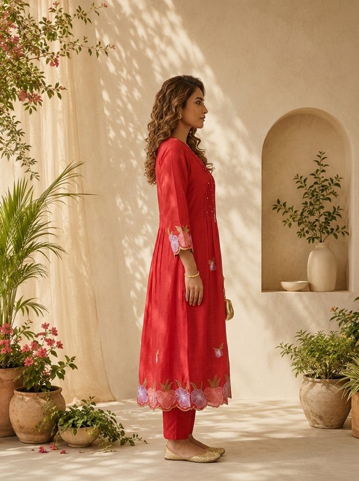 Rani Pink Muslin Pleated And Floral Thread Embroidery Three Piece Set