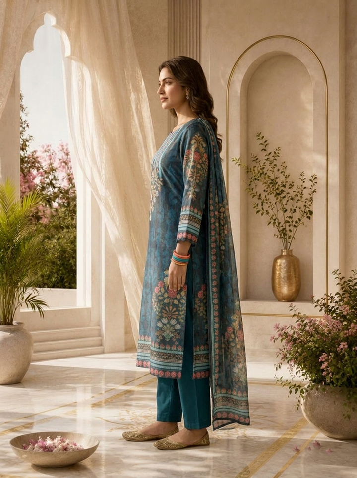 Teal Blue Tissue Floral Motif Printed Three Piece Set With Digital Printed Dupatta