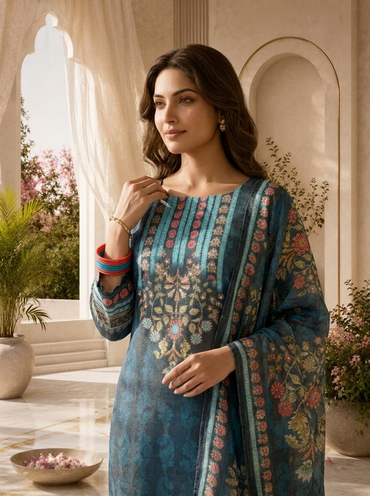 Teal Blue Tissue Floral Motif Printed Three Piece Set With Digital Printed Dupatta