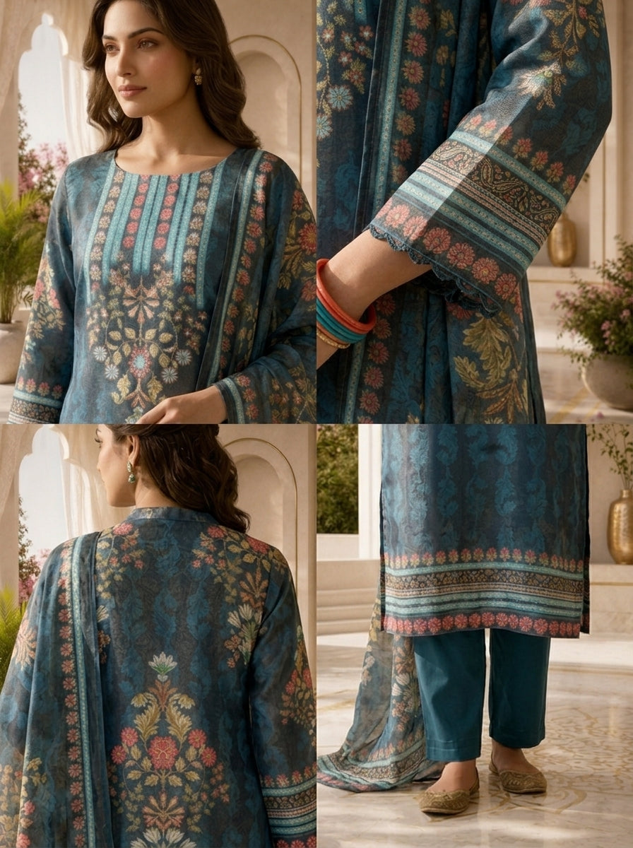 Teal Blue Tissue Floral Motif Printed Three Piece Set With Digital Printed Dupatta