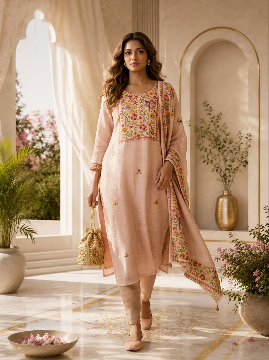 Baby Pink Linen Floral Printed Three Piece Set