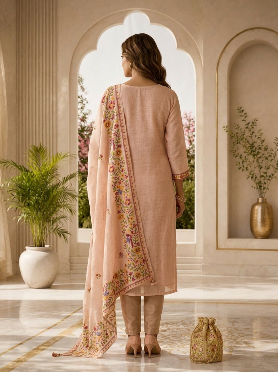Baby Pink Linen Floral Printed Three Piece Set
