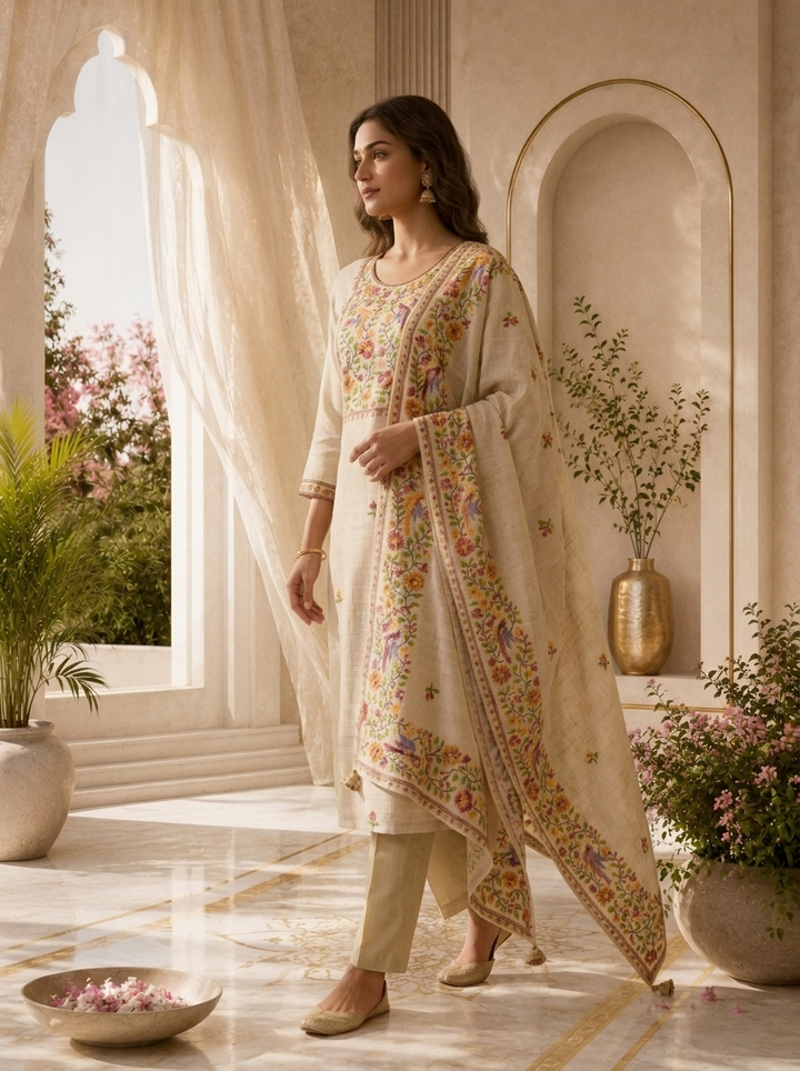 Beige Linen Solid Design Three Piece Set With Thread Embroidery Dupatta