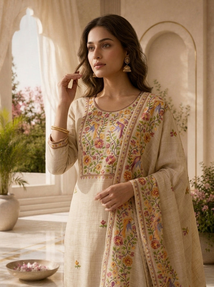 Beige Linen Solid Design Three Piece Set With Thread Embroidery Dupatta