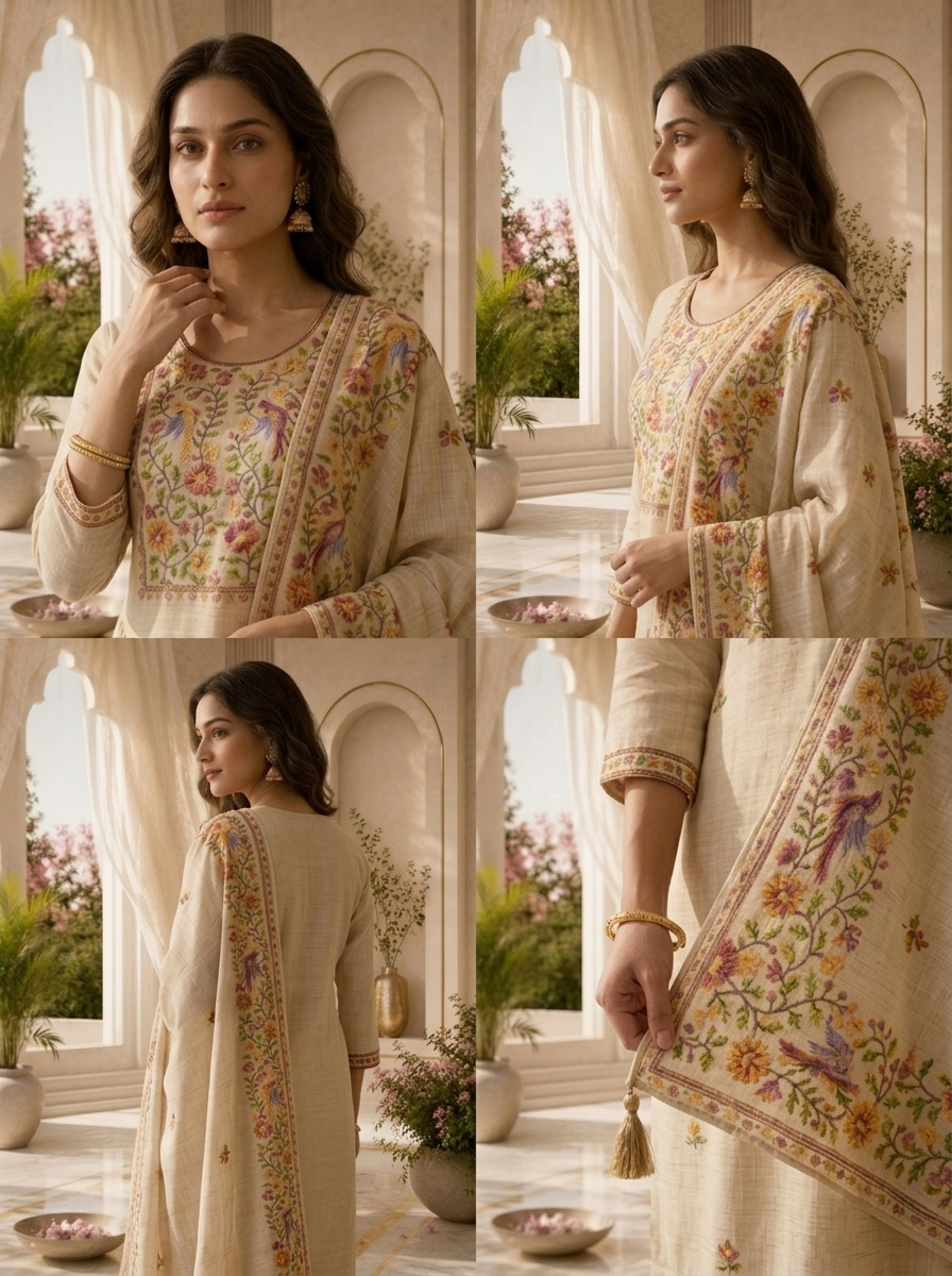 Beige Linen Solid Design Three Piece Set With Thread Embroidery Dupatta