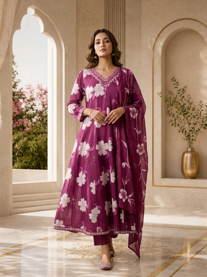 Purple Cotton Floral Printed And Beads Embroidery Three Piece Set