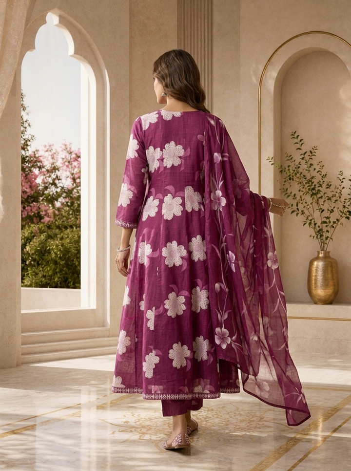 Purple Cotton Floral Printed And Beads Embroidery Three Piece Set